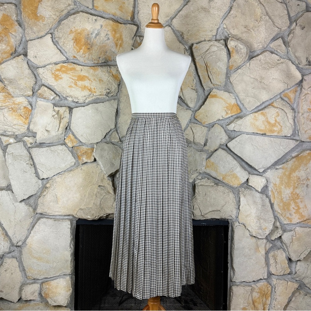 Lauren Ralph Lauren Silk Pleated Houndstooth Maxi Skirt Ivory & Black | 14P